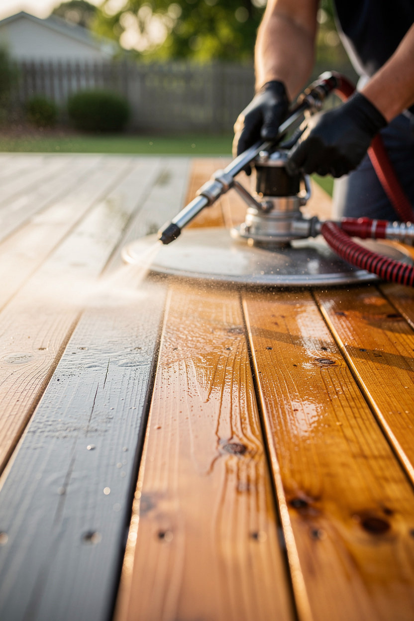 P.E. Powerwashing professional deck cleaning and restoration in Haslett, Michigan