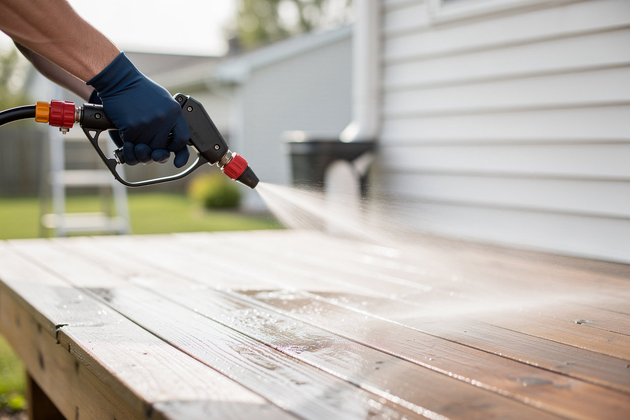 P.E. Powerwashing professional exterior cleaning services in Haslett, Michigan - gutter cleaning, deck restoration, and powerwashing